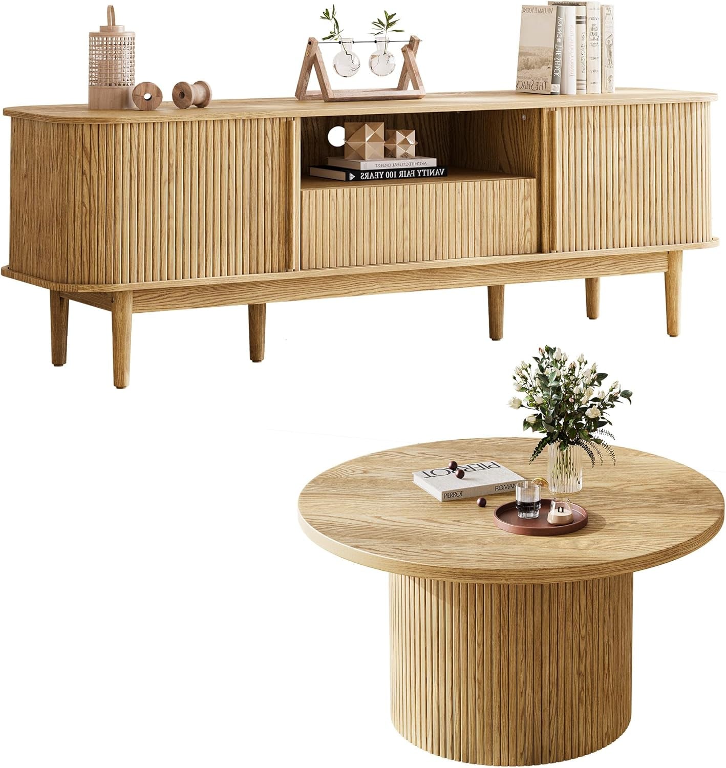 Living Room Table Sets of 2, Fluted Coffee Table & Dresser TV Stand, Coffee Table with Storage, Sliding Doors TV Stand for Living Room (Natural)