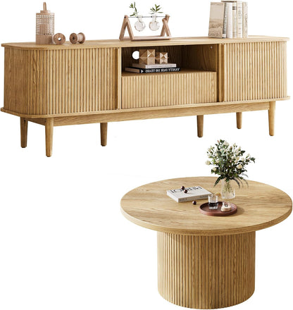 Living Room Table Sets of 2, Fluted Coffee Table & Dresser TV Stand, Coffee Table with Storage, Sliding Doors TV Stand for Living Room (Natural)