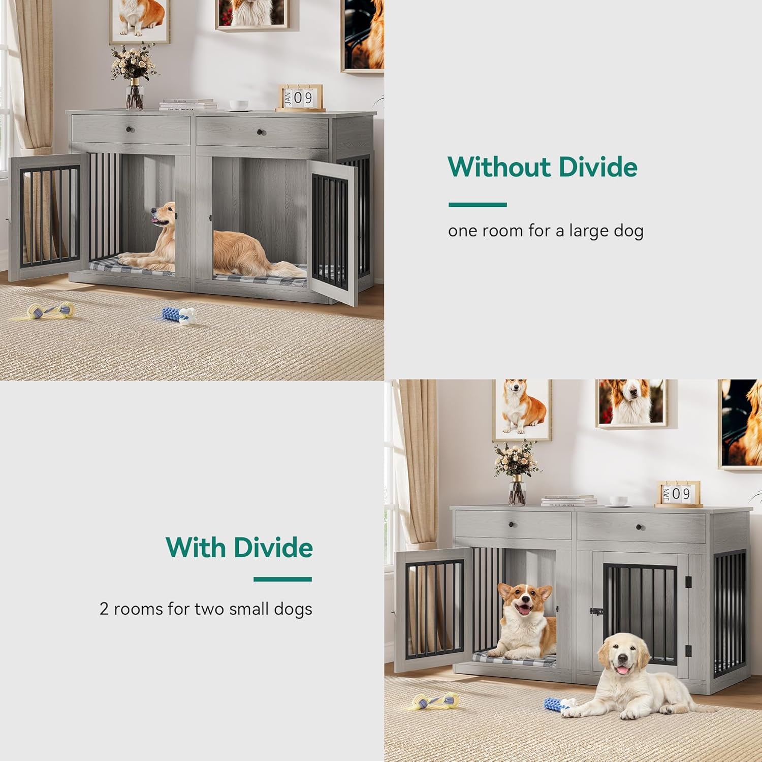 60" Wooden Dog Crate Furniture with Removable Divider & Storage Drawers, Double Door Kennel with Locks for Medium and Large Dogs, Multi-Functional Dog Crate End Table for Indoor Use, Grey