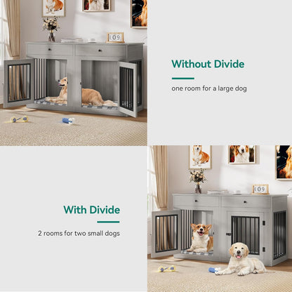 60" Wooden Dog Crate Furniture with Removable Divider & Storage Drawers, Double Door Kennel with Locks for Medium and Large Dogs, Multi-Functional Dog Crate End Table for Indoor Use, Grey