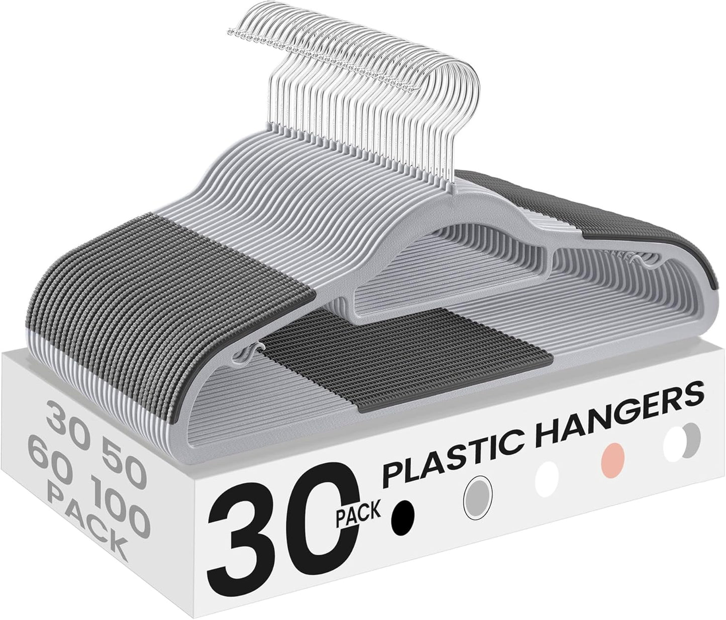 Pack of 30 Coat Hangers, Space-Saving Plastic Clothes Hangers, Non-Slip, 0.2 Inches Slim, 16.5 Inches Wide, 360° Swivel Silver Hook, Light and Dark Gray UCRP20G30