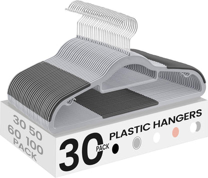 Pack of 30 Coat Hangers, Space-Saving Plastic Clothes Hangers, Non-Slip, 0.2 Inches Slim, 16.5 Inches Wide, 360° Swivel Silver Hook, Light and Dark Gray UCRP20G30