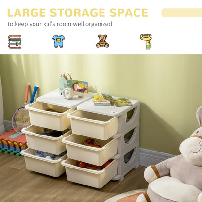 3 Tier Kids Storage Unit, Toy Organizers and Storage with 6 Drawer Chest for Kids Bedroom Nursery Kindergarten Living Room for Boys Girls Toddlers, Cream White