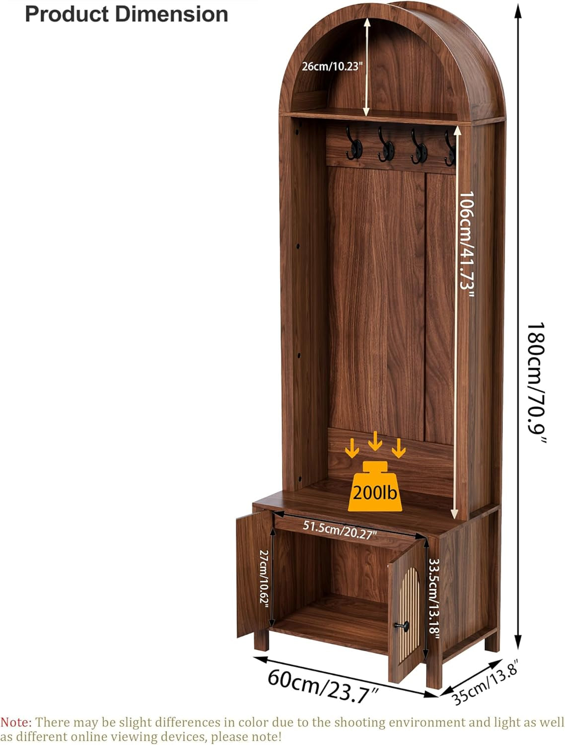 Hall Tree with Bench and Shoe Storage, 70.9" Farmhouse Entryway Storage Bench with 4 Hooks and 2 Fluted Doors, Arch Coat Rack Rustic Hall Cabinet Organizer for Hallway,Mud Room,Small Space