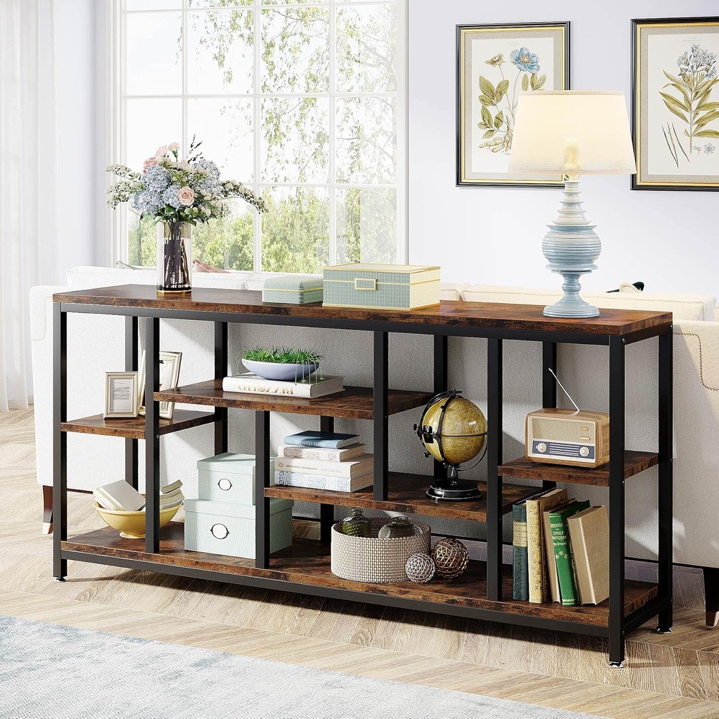 Console Sofa Table, 70.9 Inch Extra Long Table behind Couch with Storage Shelves, 3-Tier Industrial Narrow Entryway Hallway Accent Table for Living Room, Rustic Brown