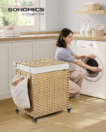 Laundry Hamper with Lid, 38.3 Gallons (145 L), Rolling Laundry Basket with Wheels, 2-Section Synthetic Rattan, Removable Liner, Bedroom, 21.7 X 15.7 X 26 Inches, Natural Color ULCB262Y01
