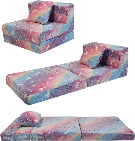 Glow Rainbow Unicorn Tri-Fold Sofa Bed for Kids, Foldable Futon Mattress, Chair, and Floor Couch for Playroom