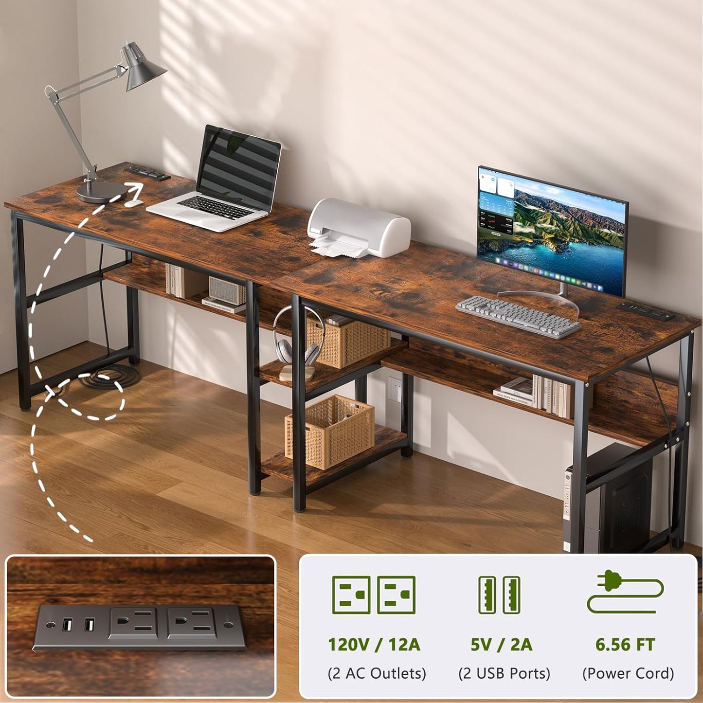 78.74" Two Person Desk with 2 Power Strips, Double Desk with Shelves, Long Computer Desk for Two People, Wood Writing Desk Workstation for Home Office, 23.62"D X 78.74"W X 29.52"H, Rustic Brown