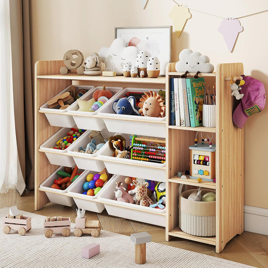 Kids Toy Storage Organizer, Wooden Shelf with 3 Tiers and 9 Storage Bins, Nursery Room Organizer for Books and Toys, White and Natural Wood