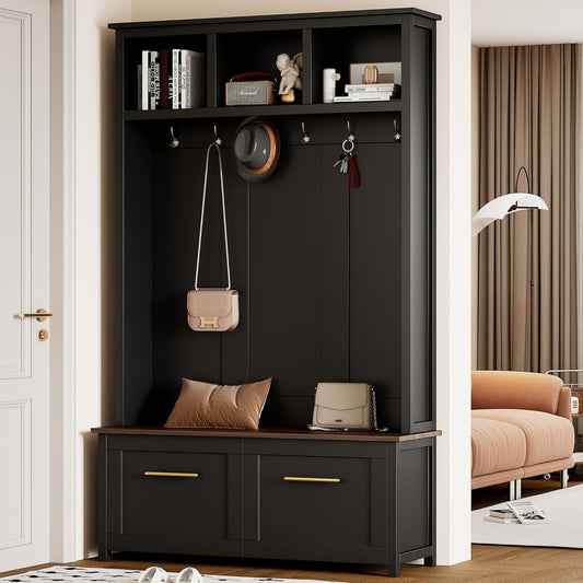 Modern 4-In-1 Storage Hall Tree with Bench, Versatile Multiple Space with 6 Golden Hooks, 2 Drawers, Entryway Coat Rack for Living Room, Hallway, Black