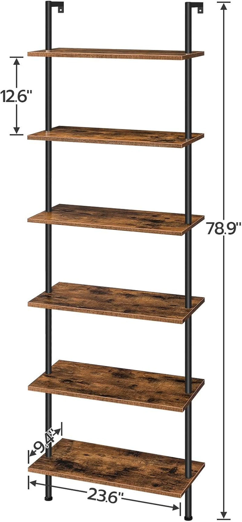 DIY Ladder Shelf, 6-Tier Wall Mounted Bookshelf, Office Vertical Bookcase, Wooden Storage Shelves for Home Office, Bedroom, Rustic Brown and Black BF65CJ01