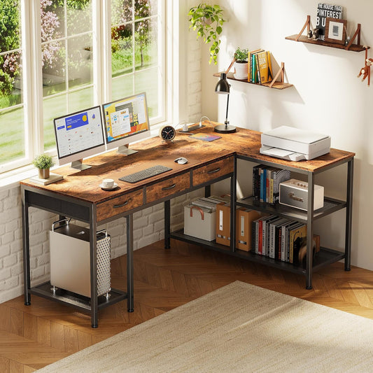 55 Inch L Shaped Office Desk with Power Outlets and Type-C Port, Large Computer Gaming Desk with 3 Fabric Drawers, Mesh Shelves, Corner Study Work Writing Desk, Rustic Brown