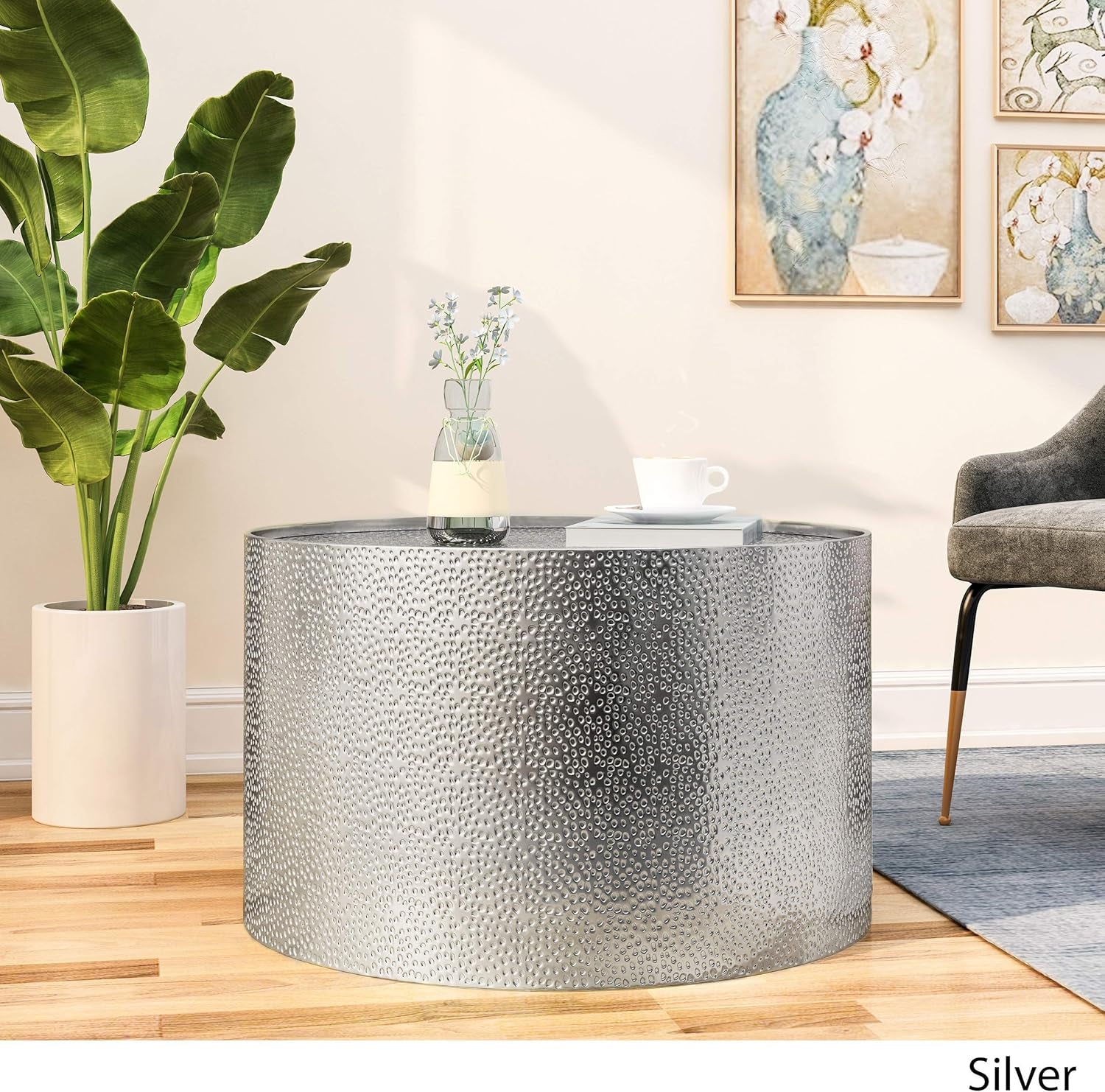 Rache Modern round Coffee Table with Hammered Iron, Silver, 26. 00” L X 26. 00” W X 17. 25” H