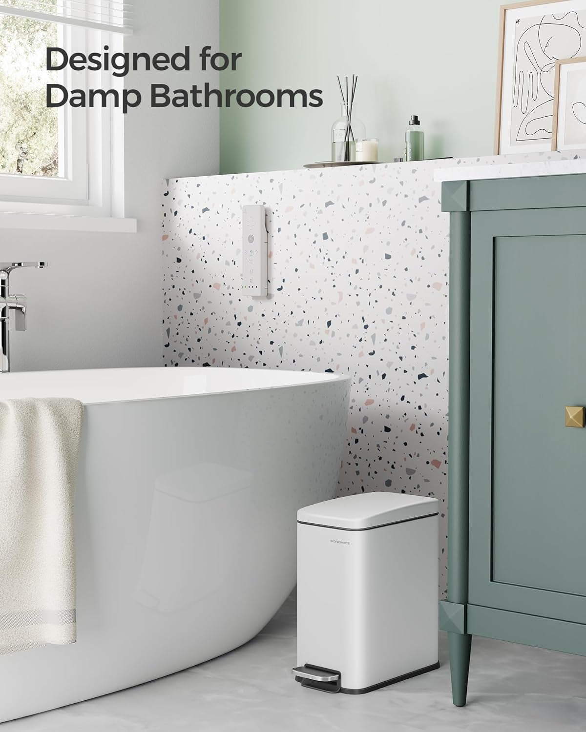 Bathroom Trash Can, 1.3 Gallon (5 L) Small Trash Bin with Lid, Slim for Small Spaces, Stainless Steel Garbage Can, Soft Close, White ULTB560W05