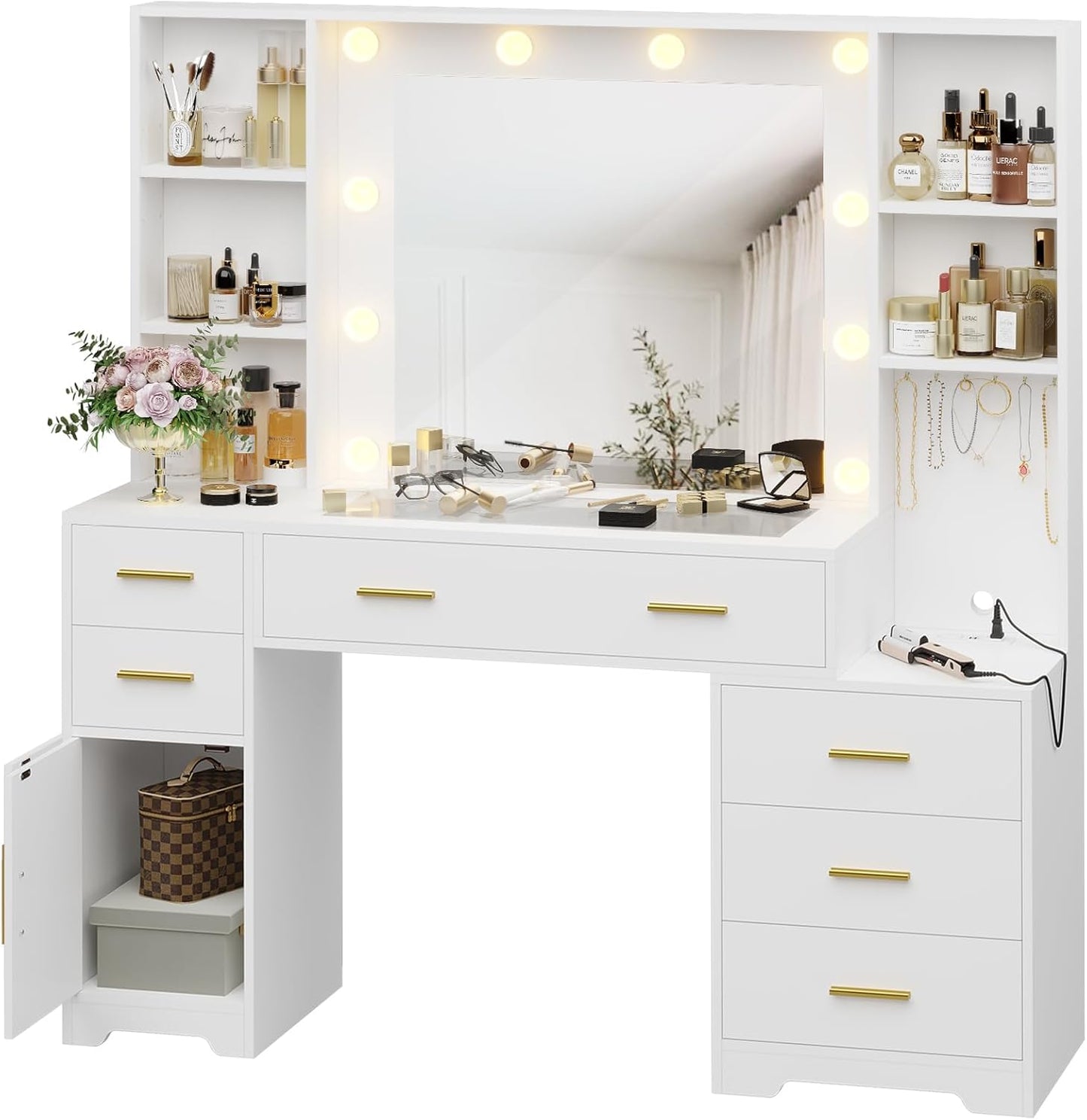 48.8'' Large Vanity Desk with Lighted Mirror & Power Outlet, White Makeup Vanity Table with 6 Drawers, 4 Shelves and 1 Storage Cabinet, Glass Tabletop Bedroom Dressing Table, 3 Lighting Modes