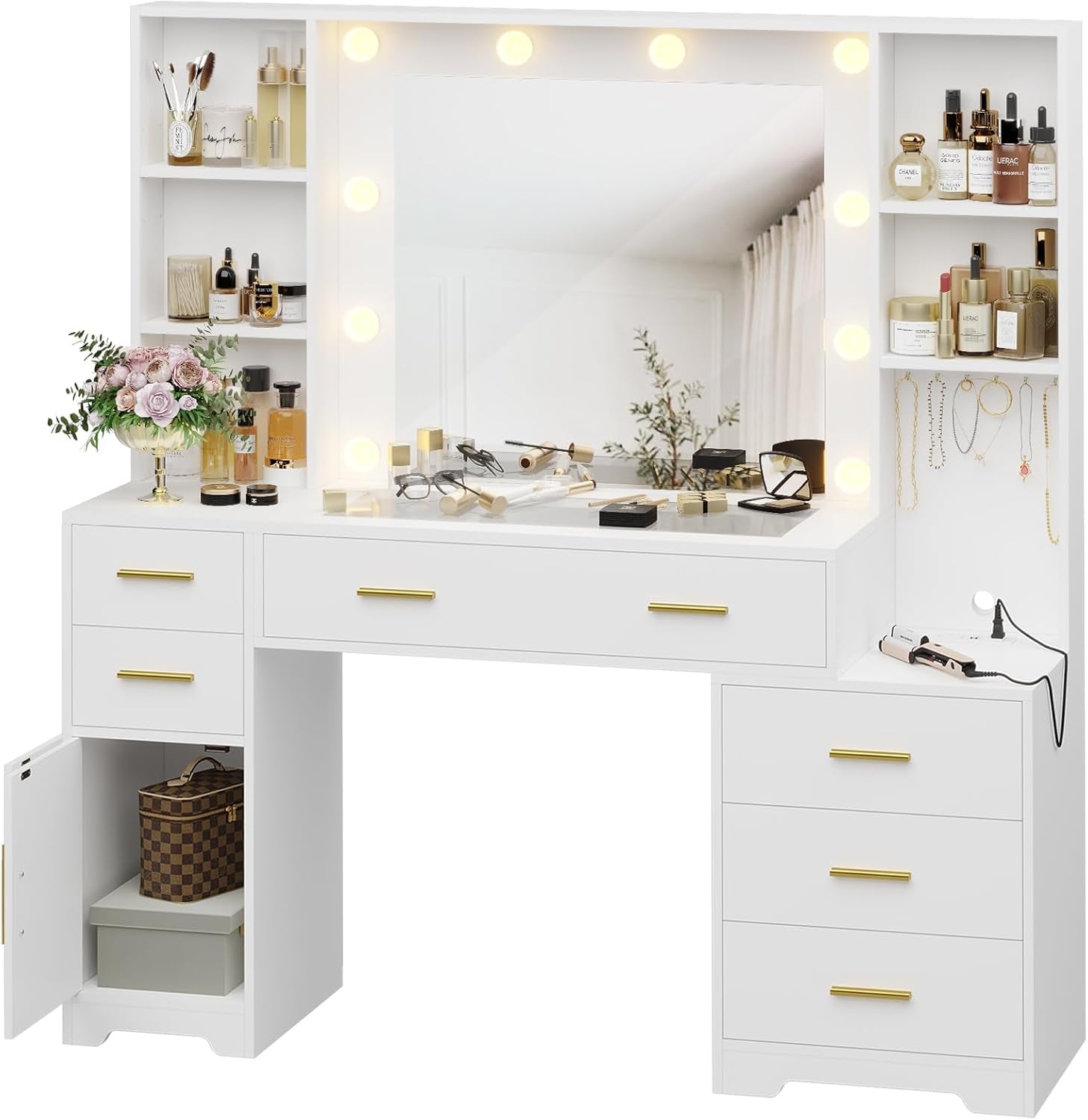 48.8'' Large Vanity Desk with Lighted Mirror & Power Outlet, White Makeup Vanity Table with 6 Drawers, 4 Shelves and 1 Storage Cabinet, Glass Tabletop Bedroom Dressing Table, 3 Lighting Modes