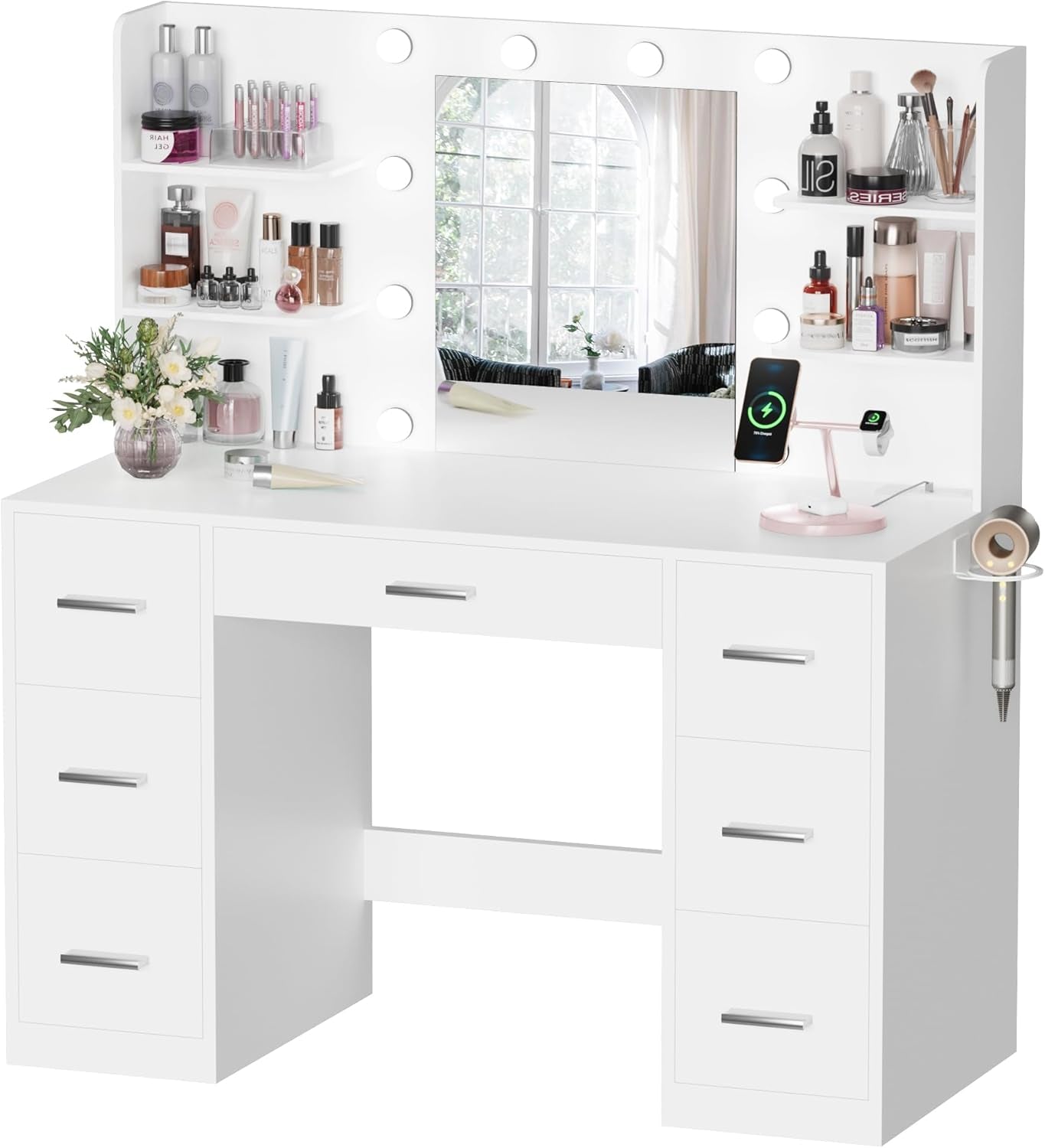 Vanity Desk with Mirror, Power Outlet and 10 Lights, Makeup Table with 7 Drawers, 3 Color Modes Available for Bedroom, Light White