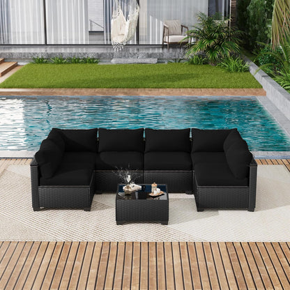 7 Piece Outdoor Patio Furniture Set, Outdoor Sectional Sofa, Wicker Rattan Patio Furniture, Patio Conversation Set with Coffee Table & Cushions