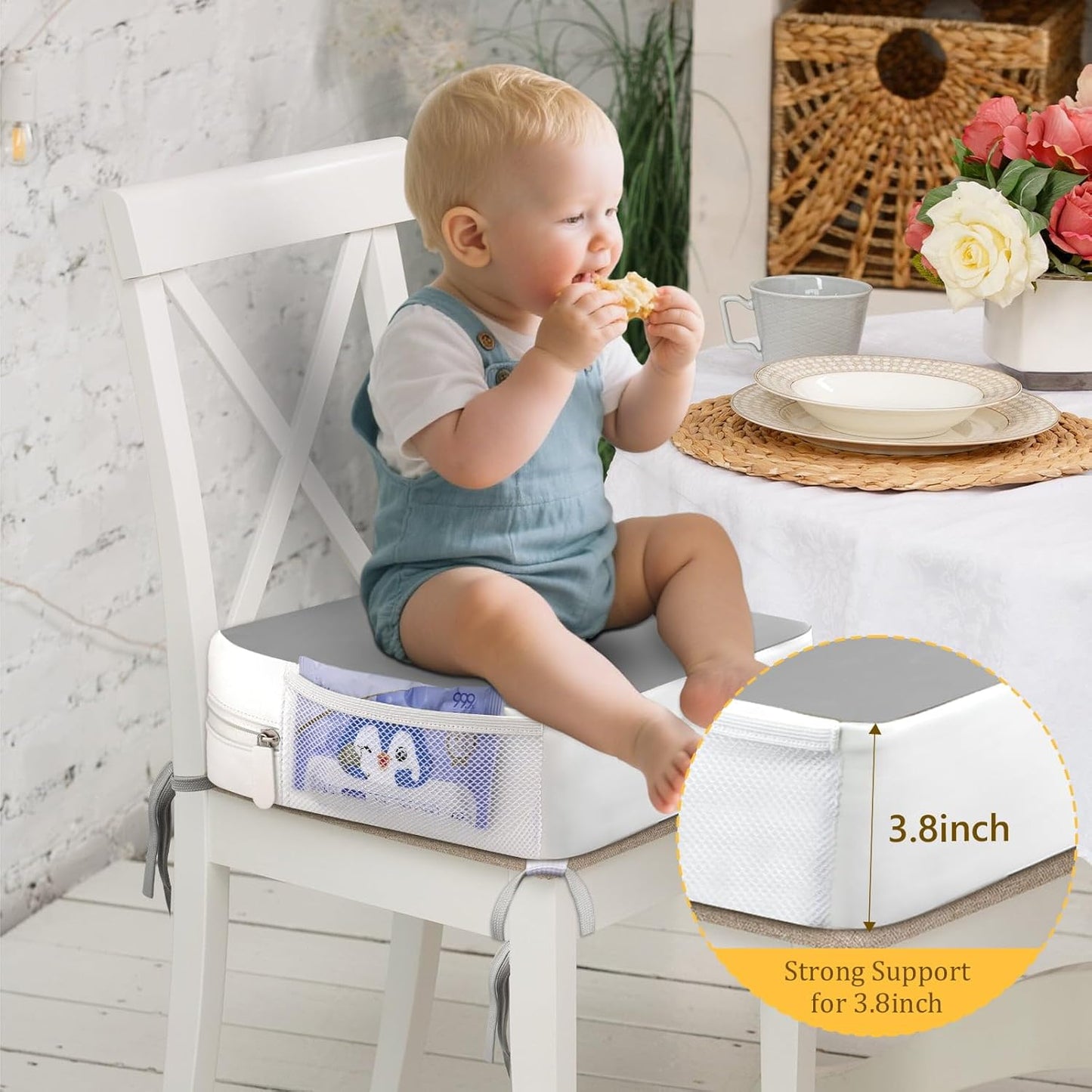 Booster Seat for Kitchen Chair - 4-Point Anchor 3.8" Lift Toddler Booster Seat for Dining Table with Side Pockets, Non-Slip & Portable Dining Cushion for Kids (Grey)