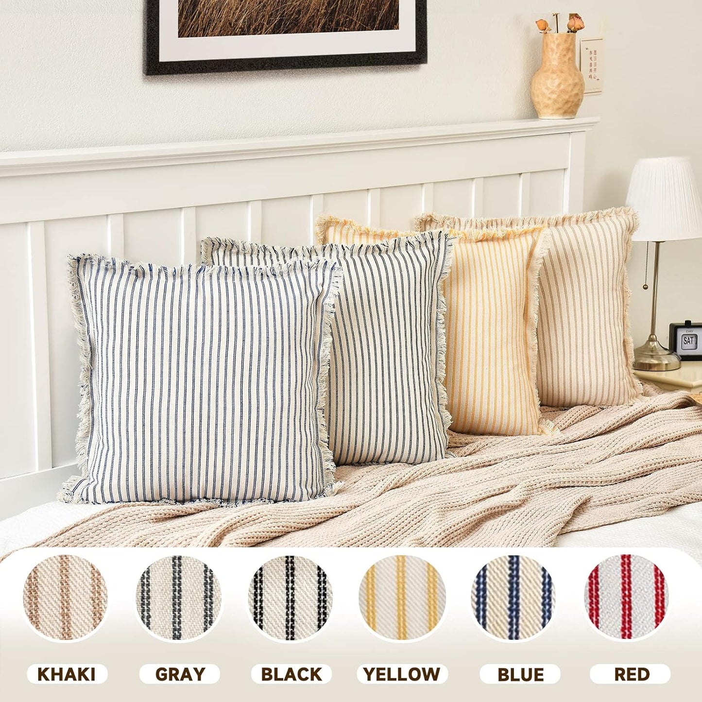 Throw Pillow Covers 18X18 Set of 2 Striped Pillow Covers with Fringe Chic Cotton Decorative Pillows Square Cushion Covers for Sofa Couch Bed Living Room Farmhouse Decor