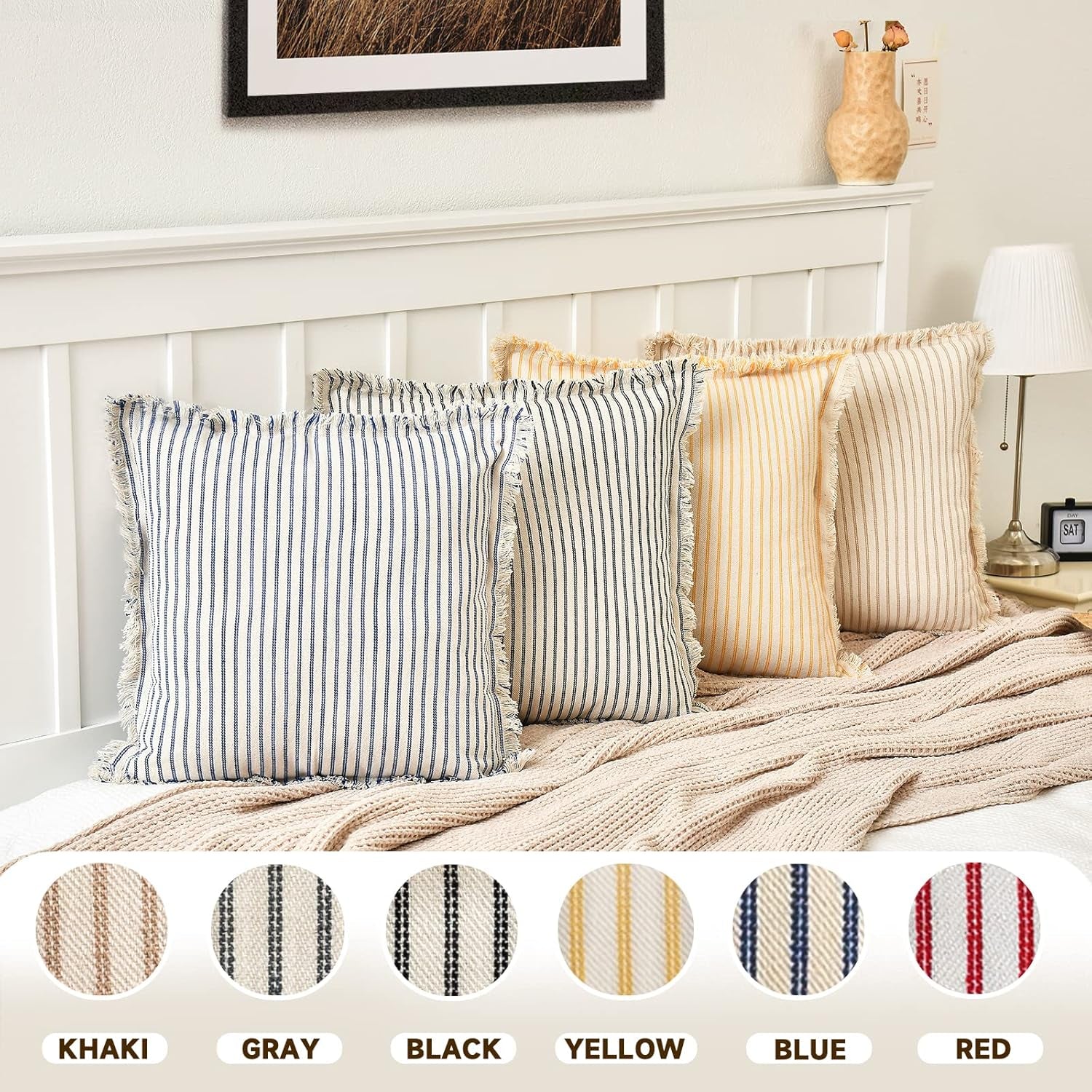 Throw Pillow Covers 18X18 Set of 2 Striped Pillow Covers with Fringe Chic Cotton Decorative Pillows Square Cushion Covers for Sofa Couch Bed Living Room Farmhouse Decor