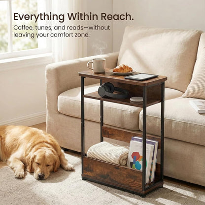 Narrow Side Table,3-Tier Slim End Table with Storage Shelf,Modern Sofa Table Thin Side Table for Narrow and Small Spaces, Skinny Bedside Table Small Nightstand with Magazine Rack Space Saving/Brown