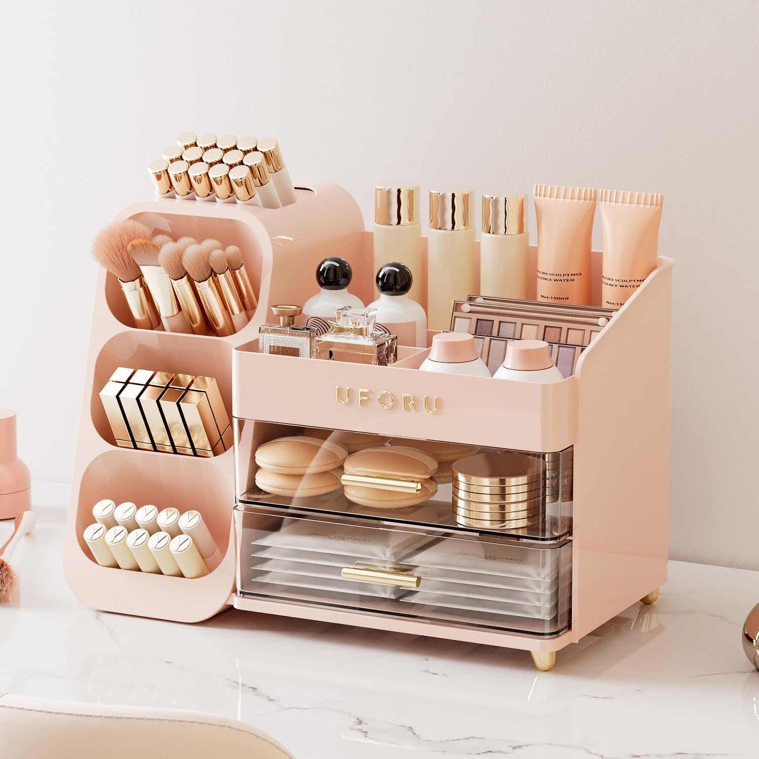 Makeup Organizer for Vanity with Brush Holder, Countertop Organizer with 2 Drawers, Spacious Cosmetic Display Case for Beauty Essential, Skincare, Lipstick