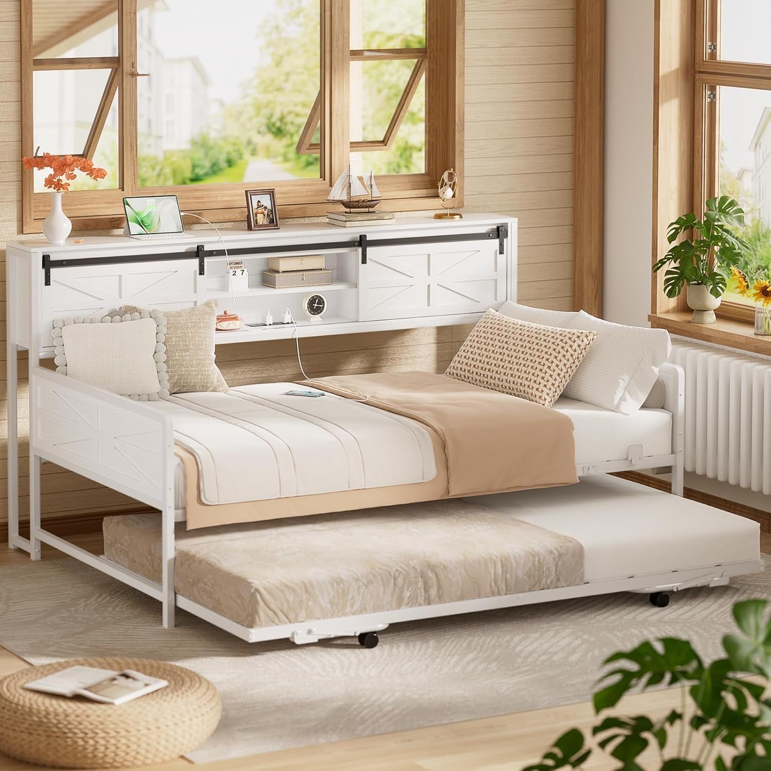 Daybed with Trundle, Farmhouse Twin Day Bed with Bookcase Headboard and Charging Station, Heavy Duty Metal Sofa Bed Frame with Pop-Up Trundle Bed for Living Room, Bedroom, White