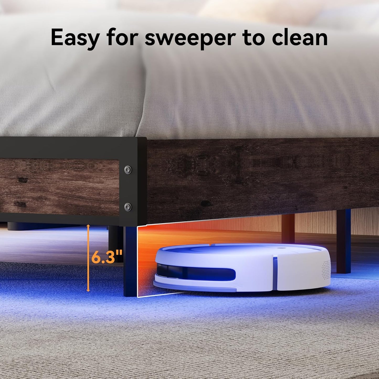 Queen Size Bed Frame with Storage Headboard, Sturdy Metal Platform Bed Frame with LED Lights and Charging Station, Easy Assembly, No Box Spring Needed, Noise Free, Rustic Brown