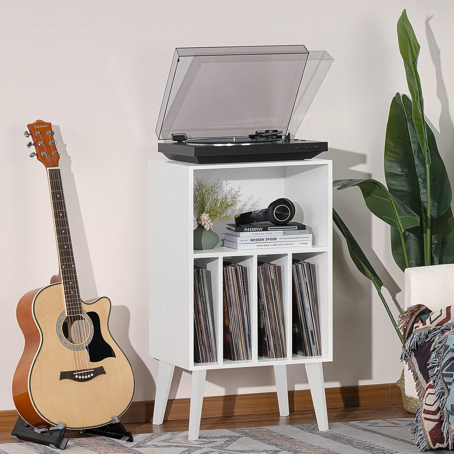 Record Player Stand, White Turntable Stand Holds up to 160 Albums, Mid-Century Vinyl Storage Cabinet Table with Solid Wood Legs, Record Player Holder Dispaly Shelf for Bedroom Living Room