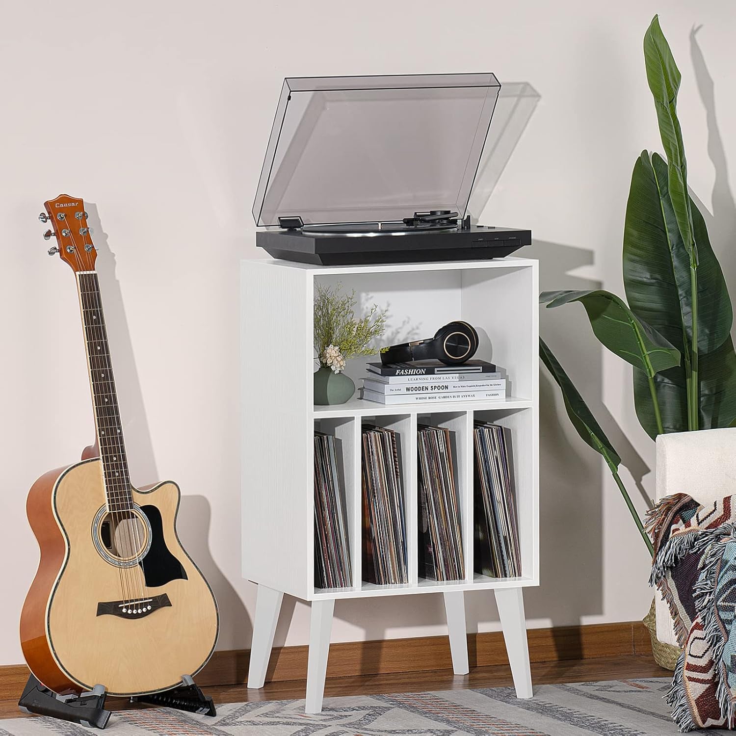Record Player Stand, White Turntable Stand Holds up to 160 Albums, Mid-Century Vinyl Storage Cabinet Table with Solid Wood Legs, Record Player Holder Dispaly Shelf for Bedroom Living Room