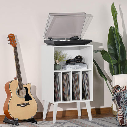 Record Player Stand, White Turntable Stand Holds up to 160 Albums, Mid-Century Vinyl Storage Cabinet Table with Solid Wood Legs, Record Player Holder Dispaly Shelf for Bedroom Living Room