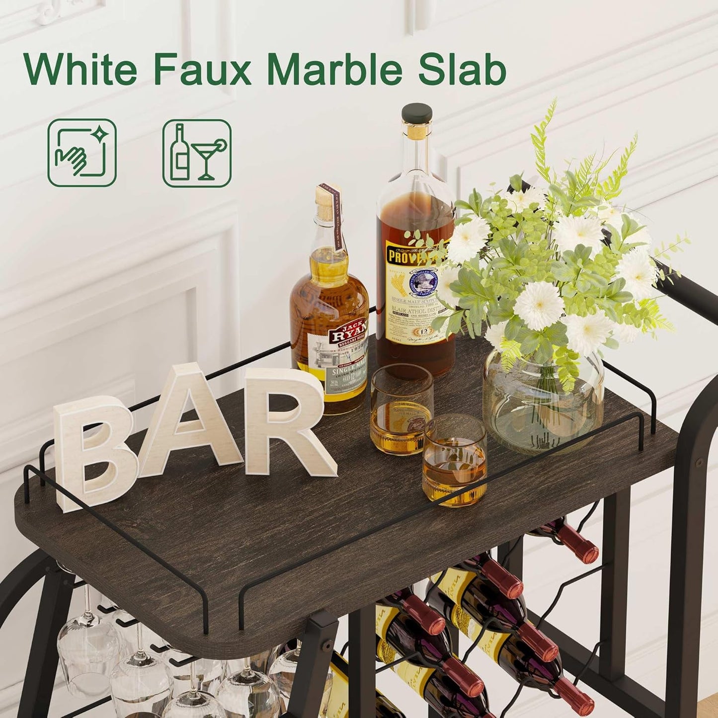 Rustic Bar Cart, 3 Tier Rolling Bar Carts for the Home, Industrial Home Serving Cart with Wine Glass Holder, Wood Metal Liquor Trolley, Mobile Beverage and Drink Carts (Walnut Brown)
