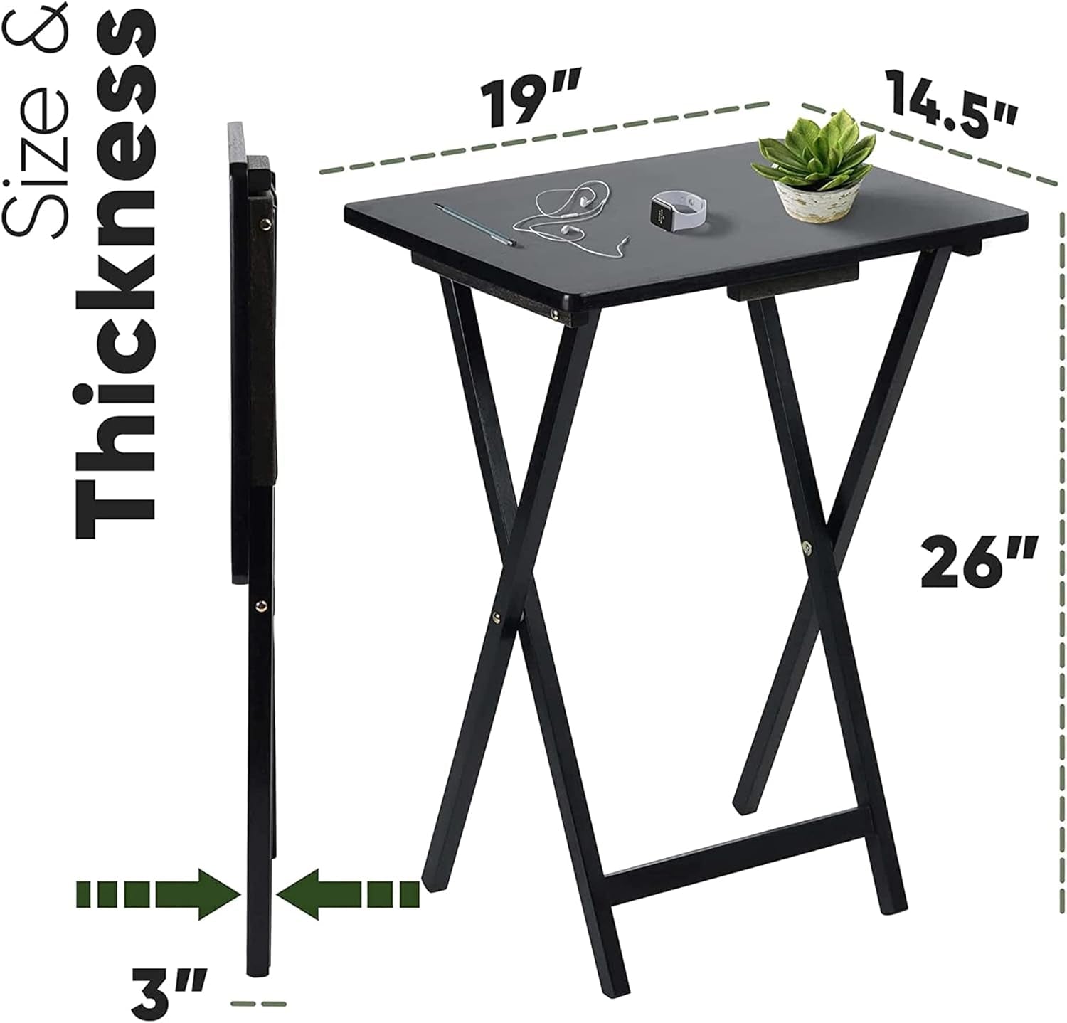 2-Pack Folding TV Tray Set, Black - Collapsible Portable Snack Serving Tables, Home Furniture for Living Room, Bedroom, and Kitchen