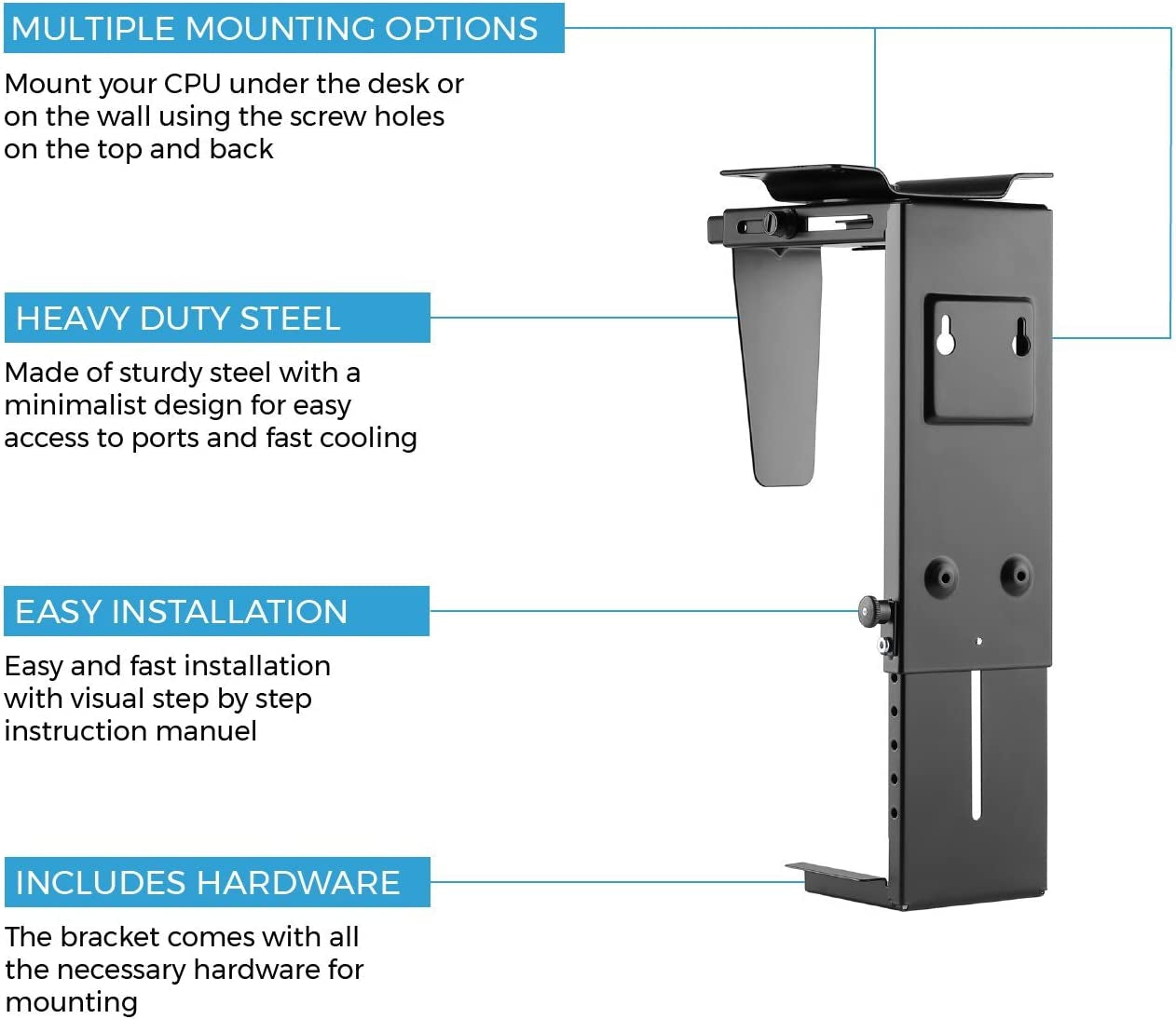 Adjustable under Desk Computer Mount and Wall Mount, CPU Holder Fits Most PC or Computer Cases, Adjustable Height and Width, Full 360 Swivel, up to 22 Lb, Hardware Included