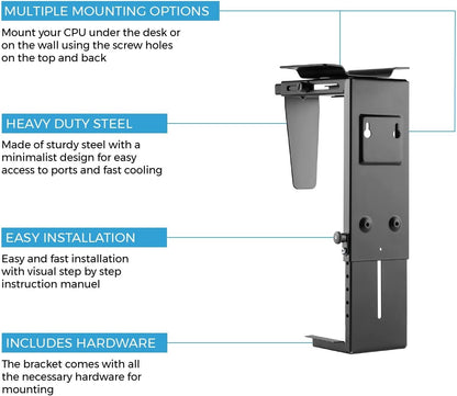 Adjustable under Desk Computer Mount and Wall Mount, CPU Holder Fits Most PC or Computer Cases, Adjustable Height and Width, Full 360 Swivel, up to 22 Lb, Hardware Included