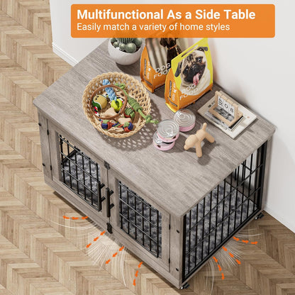 Dog Crate Furniture, Dog Kennel Indoor Double Doors Wooden Dog Cage, 32'' Heavy Duty Dog Crate with Cushion & Wheels, Decorative End Table Pet House Chew-Resistant for Medium/Small, Brown