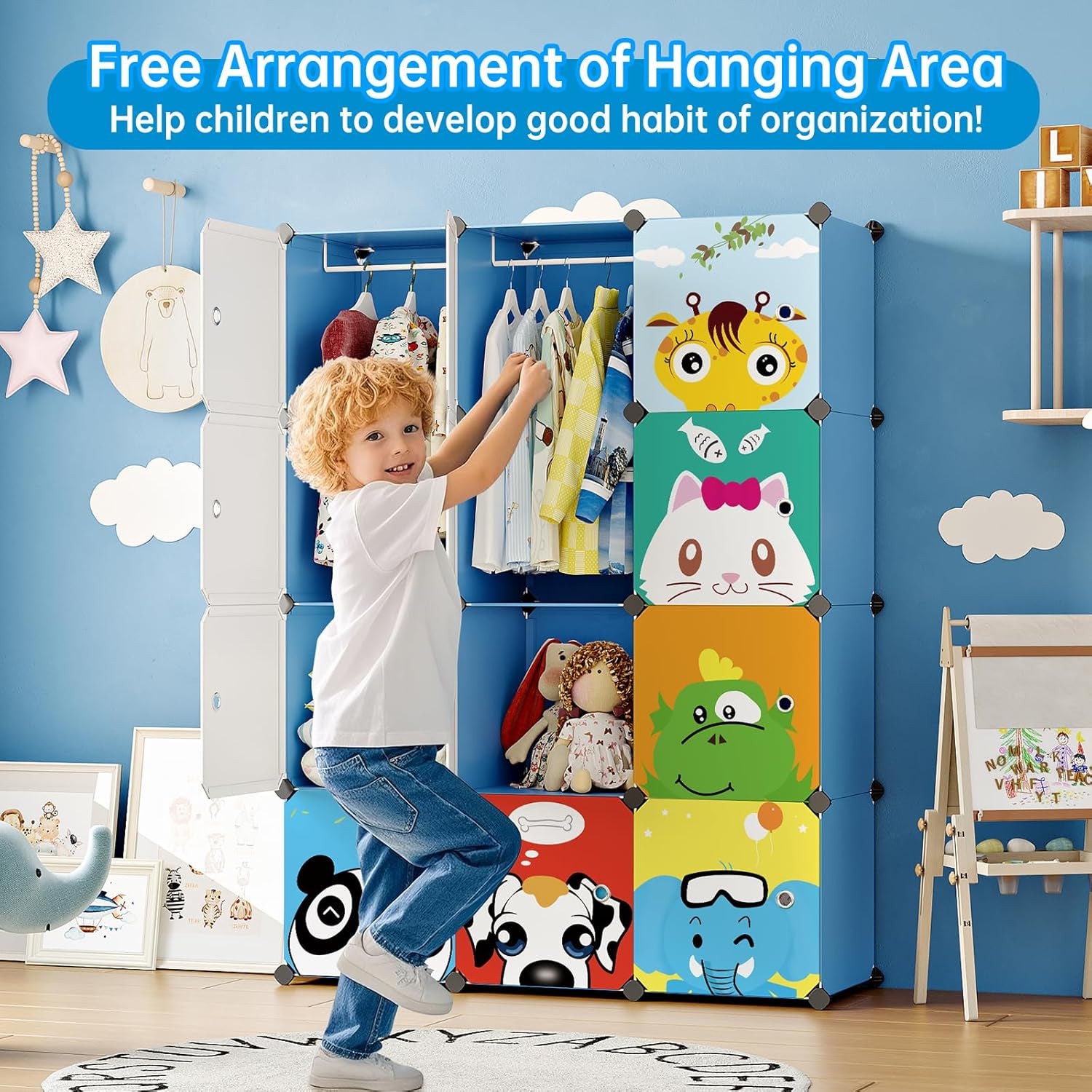 Kids Closet,Baby Wardrobe Closet with Door,Cute Portable Armoire Dresser,Clothes Hanging Storage Rack for Boy Bedroom,Blue,12 Cube(14X14Inch)