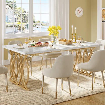 Modern Dining Table, 63" Large Kitchen Table for 4-6 People, Unique Rectangular Dinner Table Kitchen & Dining Room Furniture with Faux Marble Tabletop and Geometric Legs
