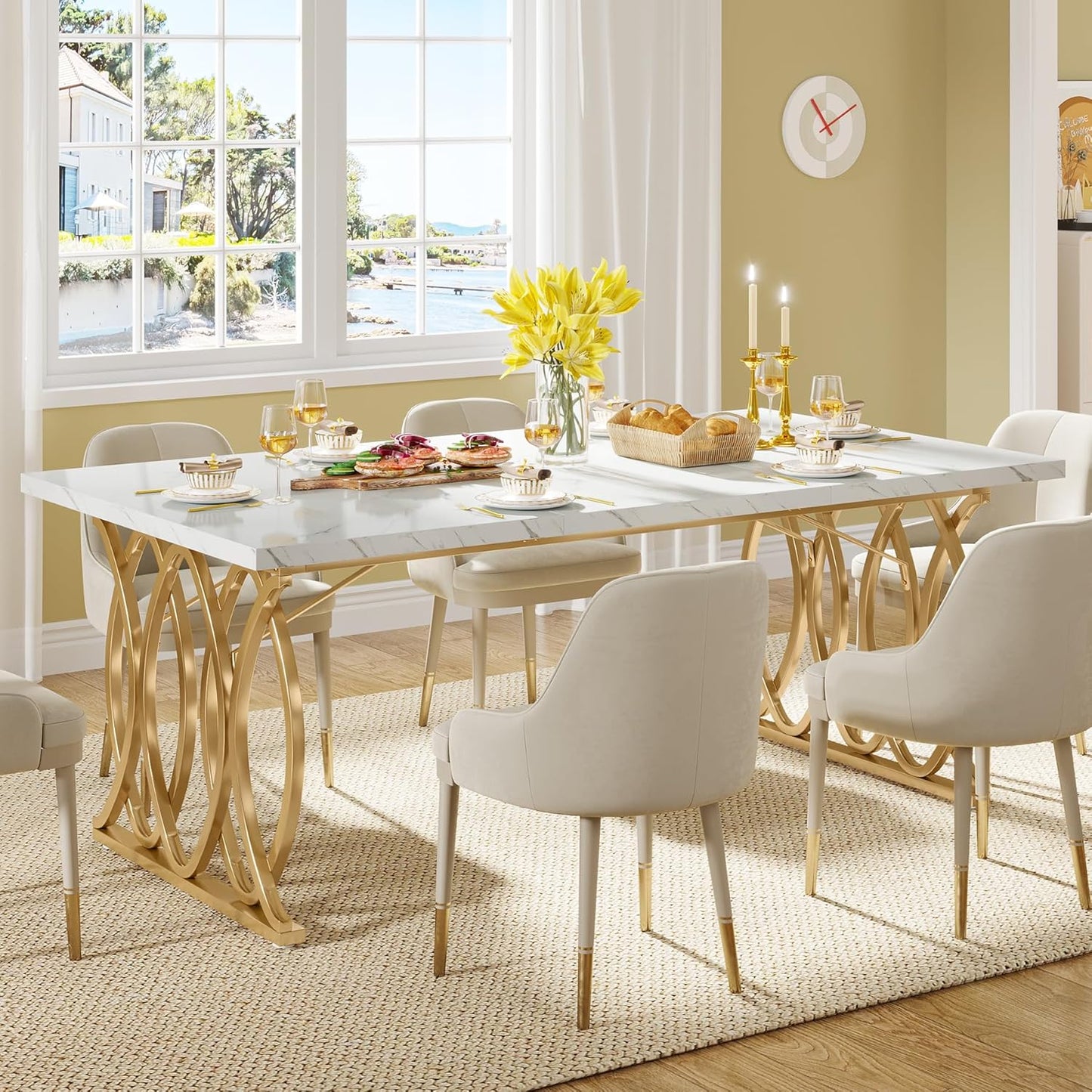 Modern Dining Table, 63" Large Kitchen Table for 4-6 People, Unique Rectangular Dinner Table Kitchen & Dining Room Furniture with Faux Marble Tabletop and Geometric Legs