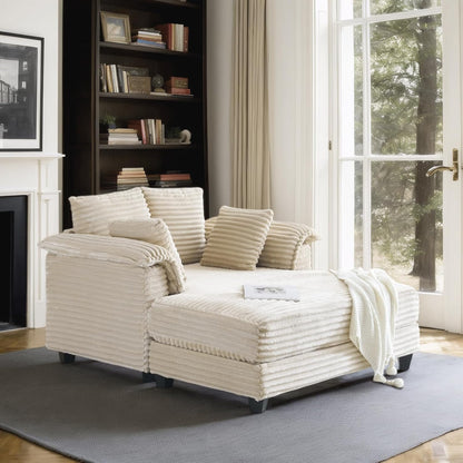 56" Oversized Chaise Lounge Chair, Beige Comfy Corduroy Chaise Sofa Recliner Bed Upholstered Sleeper Couch Bed with Throw Pillows and Armrests for Living Room, Movie Room, Bedroom