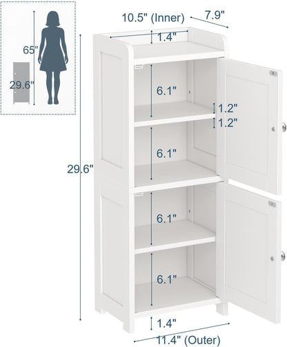 Small Bathroom Storage Cabinet, 30" Tall Freestanding Corner Floor Cabinet with 2 Doors & 5 Shelves (2 Adjustable), Narrow Toilet Paper Holder Organizer for Small Spaces, White