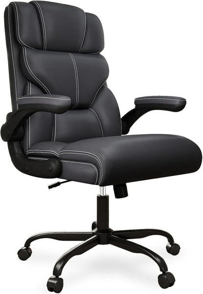 Executive Office Chair with Flip-Up Armrests,Ergonomic Computer Desk Chairs,Big and Tall Leather Office Chair 400Lbs,Lumbar Support Swivel PC Chair with Rocking Function