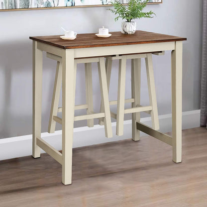 3 Piece Pub Dining Set, Counter Height Pub Table with 2 Saddle Bar Stools, Tavern Collection Table Set for Living Room, Kitchen, Small Space (Brown & Milky White)