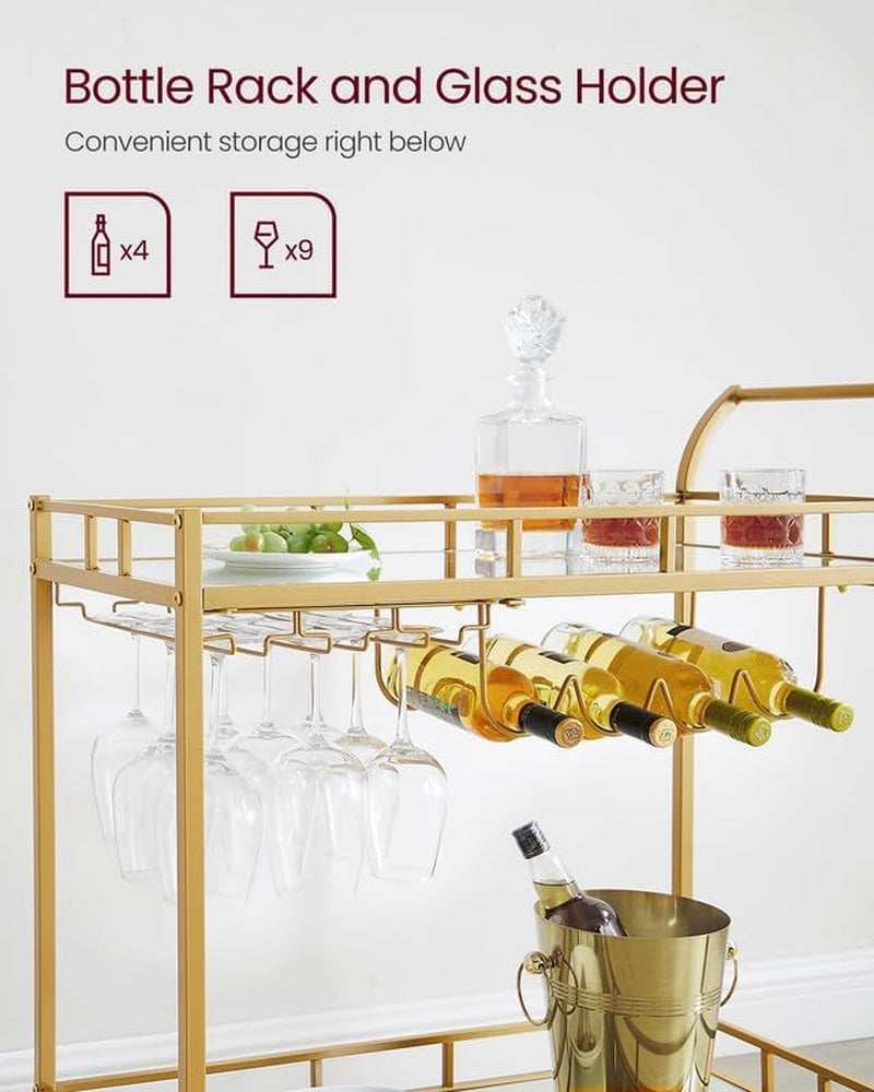 Bar Cart Gold, Home Bar Serving Cart, Wine Cart with 2 Mirrored Shelves, Wine Holders, Glass Holders, for Kitchen, Dining Room, Gold ULRC090A03