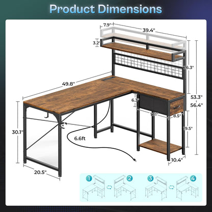 L Shaped Gaming Desk with Shelves, Corner Computer Table with LED Lights, Power Outlets and USB-C Ports, 50 Inch Reversible Home Office Desk with Storage Drawer, Work and Study, Rustic Brown