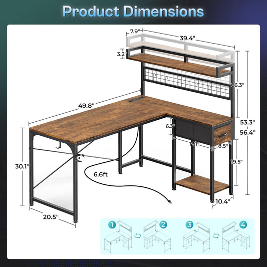 L Shaped Gaming Desk with Shelves, Corner Computer Table with LED Lights, Power Outlets and USB-C Ports, 50 Inch Reversible Home Office Desk with Storage Drawer, Work and Study, Rustic Brown