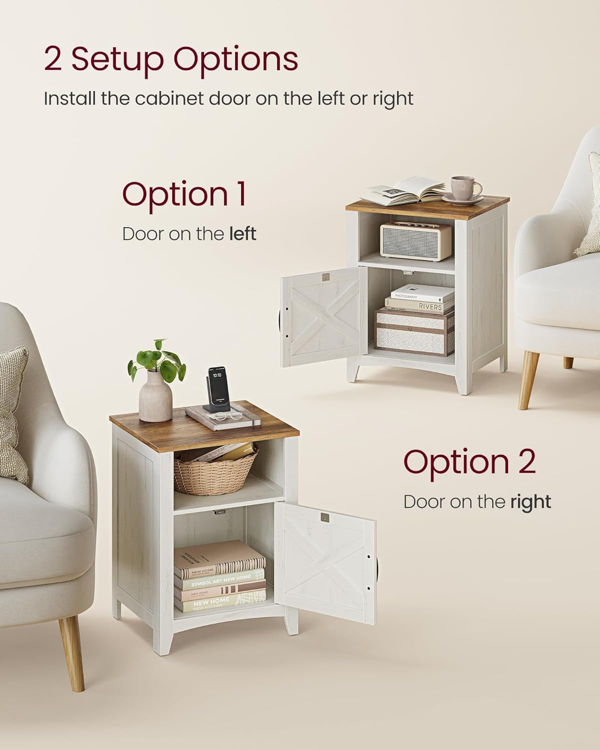 LIRY Collection - Farmhouse Nightstand with Barn Door, Set of 2, Bedside Table with Storage, Side End Table, Night Stand, Open Compartment, for Bedroom, Rustic White and Honey Brown ULET809K41