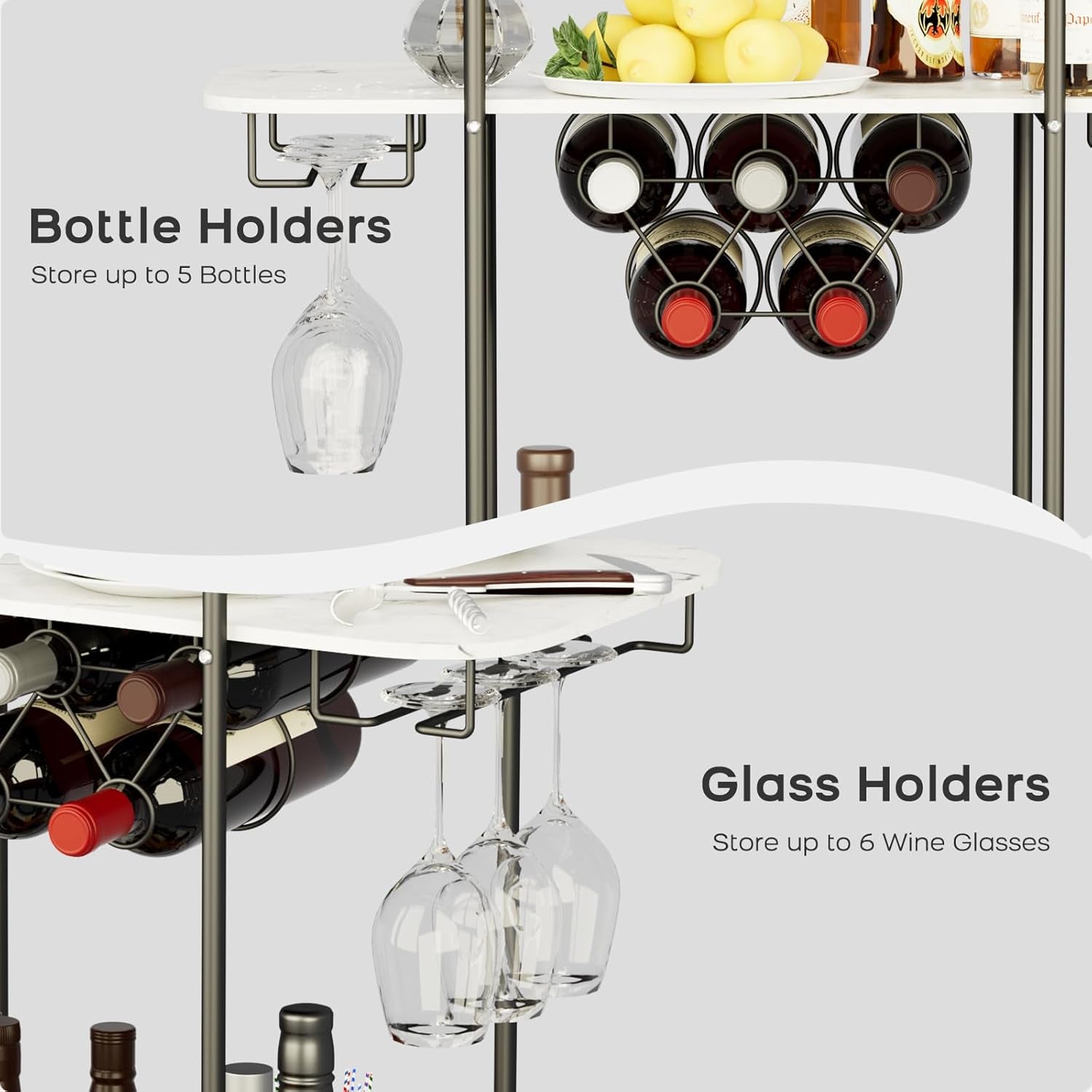 Black Home Bar Cart on Wheels, Mobile Serving Wine Cart with Glass Holder and Wine Rack, Modern Rolling Drink Trolley for Coffee Tea Wine, Beverage Bar Cart for Dinning Room Kitchen Party Black