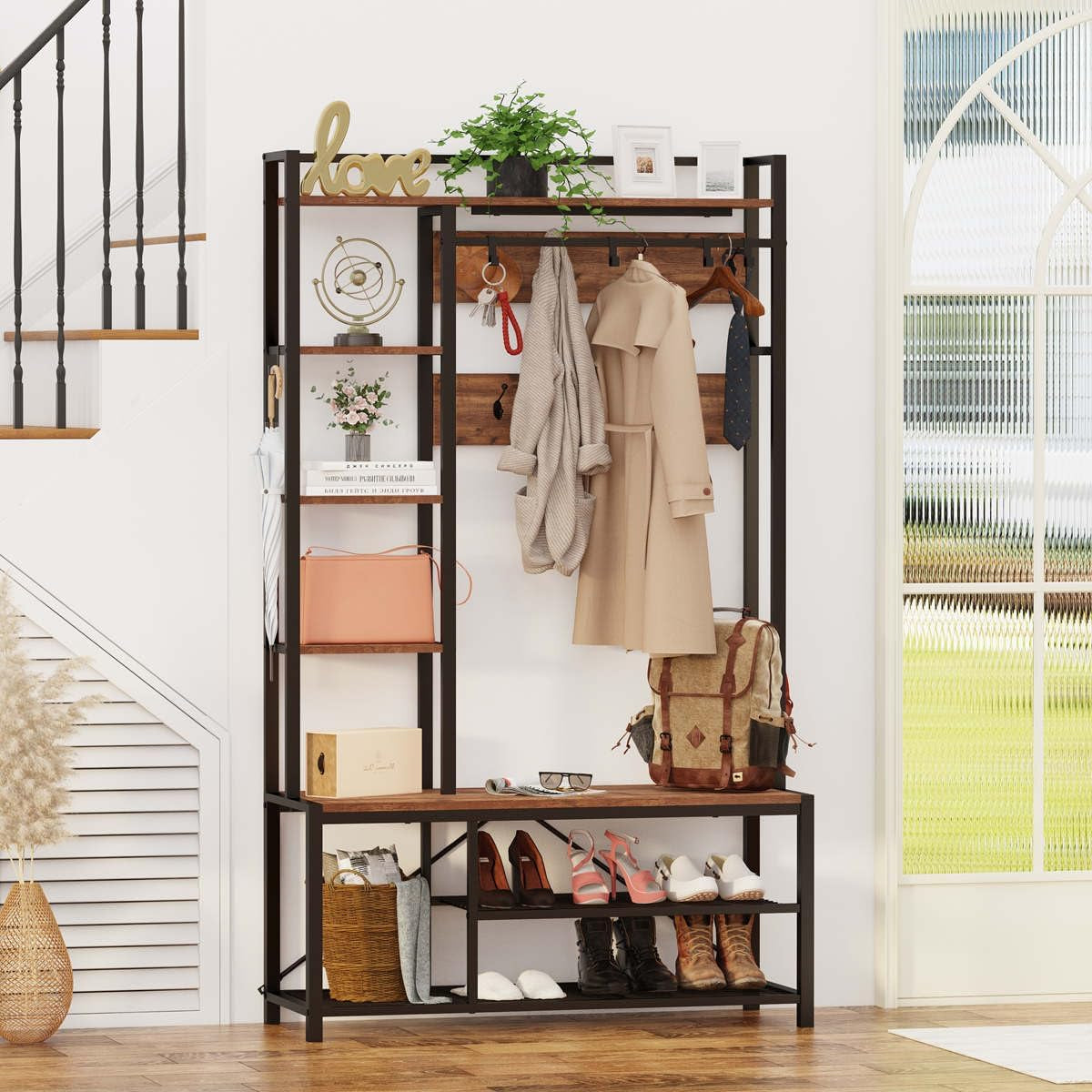 Hall Tree with Shoe Storage, 5-In-1 Reversible Entryway Bench with Coat Hooks for Hallway, Rustic Wood and Metal Coat Rack with Shelves for Mudroom (Rustic Oak)